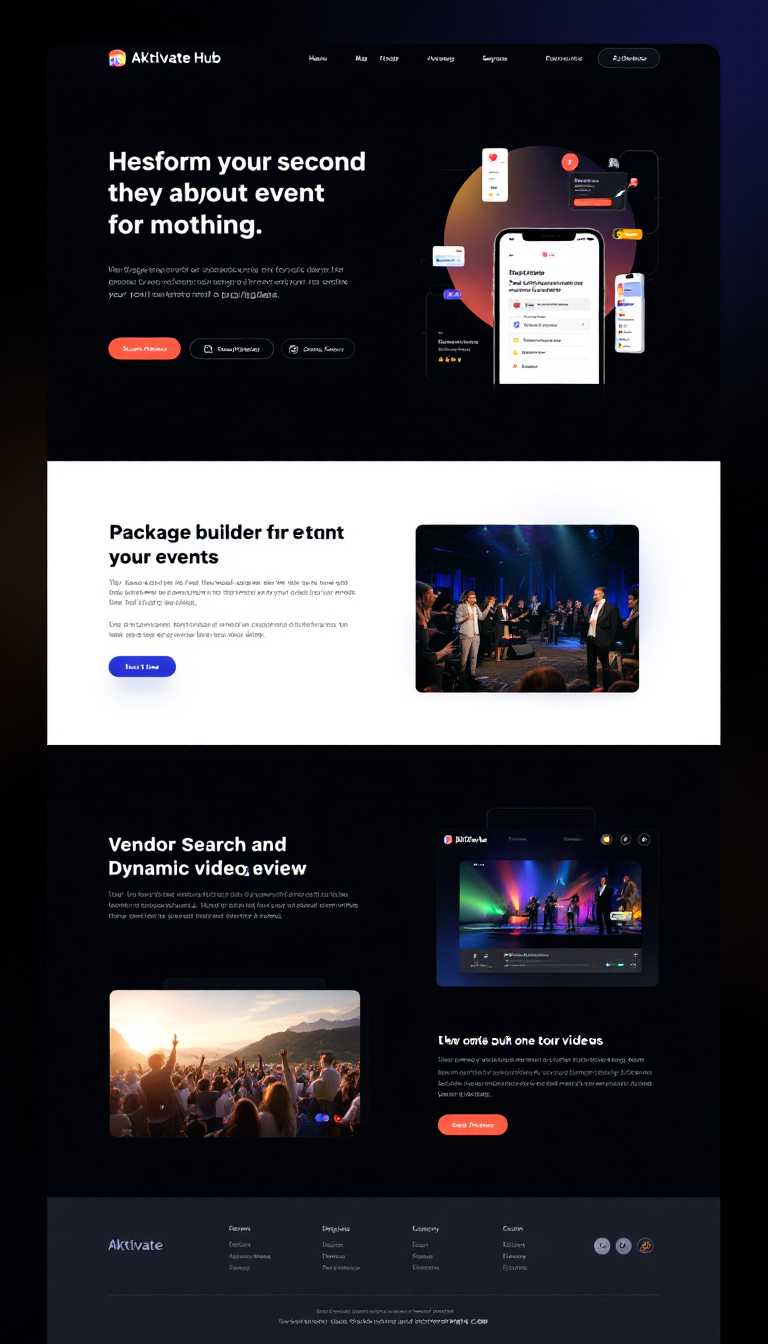 Design a modern one-page website for AKtivate Hub, an Auckland-based event planning platform. The site should feature a dark theme with bold text, highlighting a 'package builder' for estimating event costs, a vendor search and review section, and a dynamic video area to engage users. Include smooth scrolling transitions and 3D elements for a contemporary feel.