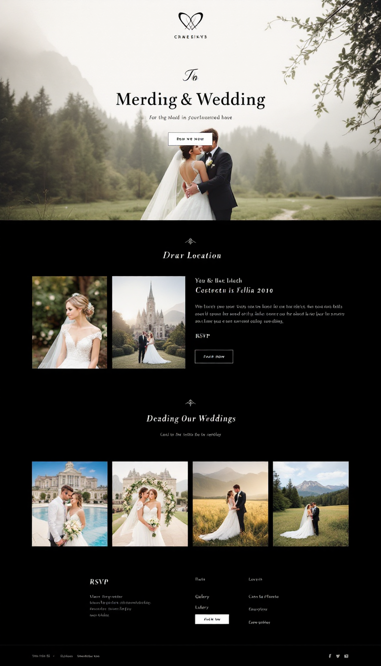 Design a simple one-page website for wedding attendees, featuring essential details like the date, location, RSVP options, and a gallery for photos. Include a clean layout and elegant aesthetics that reflect the wedding theme.
