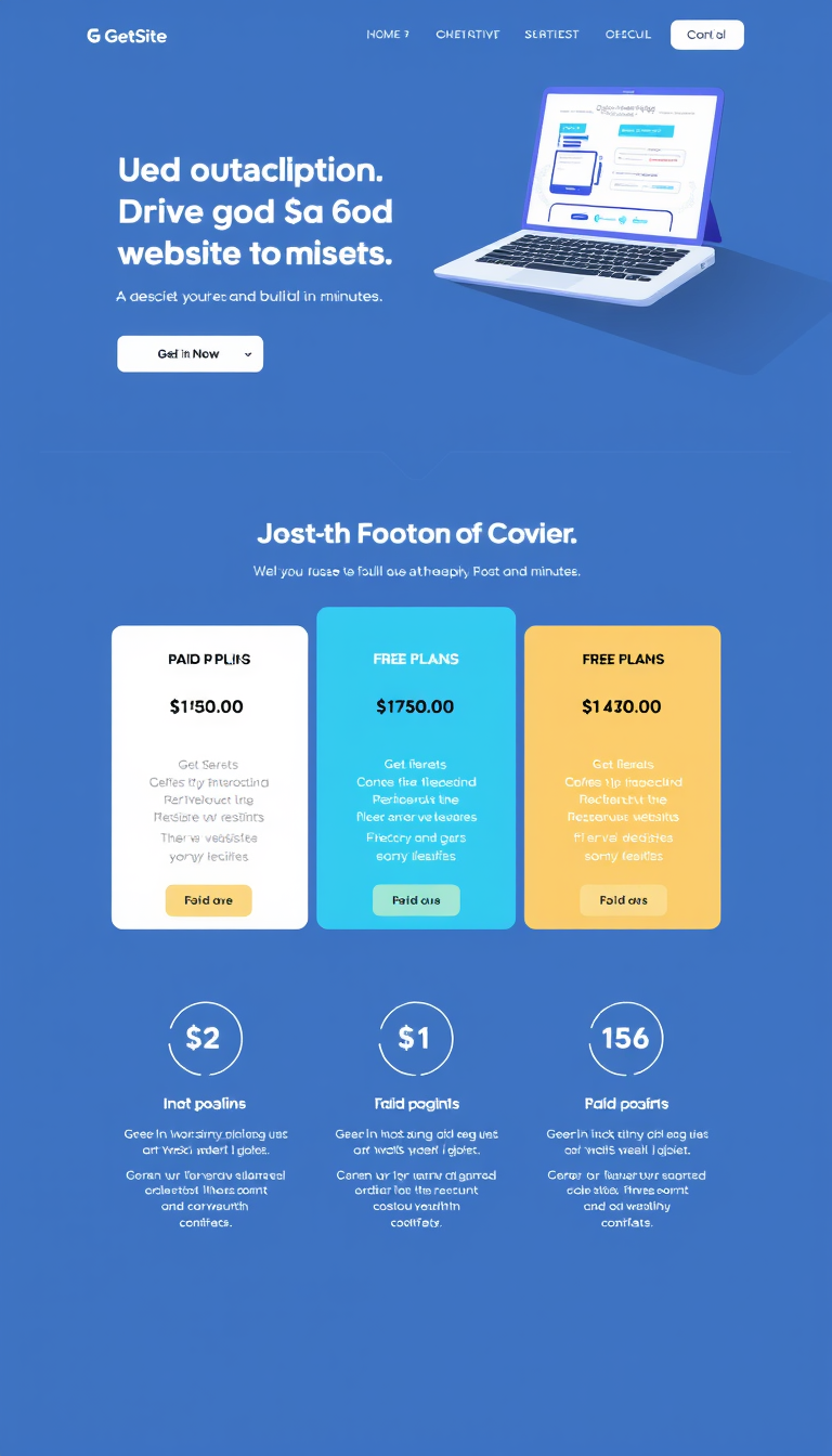 Design a one-page website for "GetSite," a SaaS that uses AI to build websites in minutes. Highlight the three paid plans and a free plan, ensuring a clean and modern layout.
