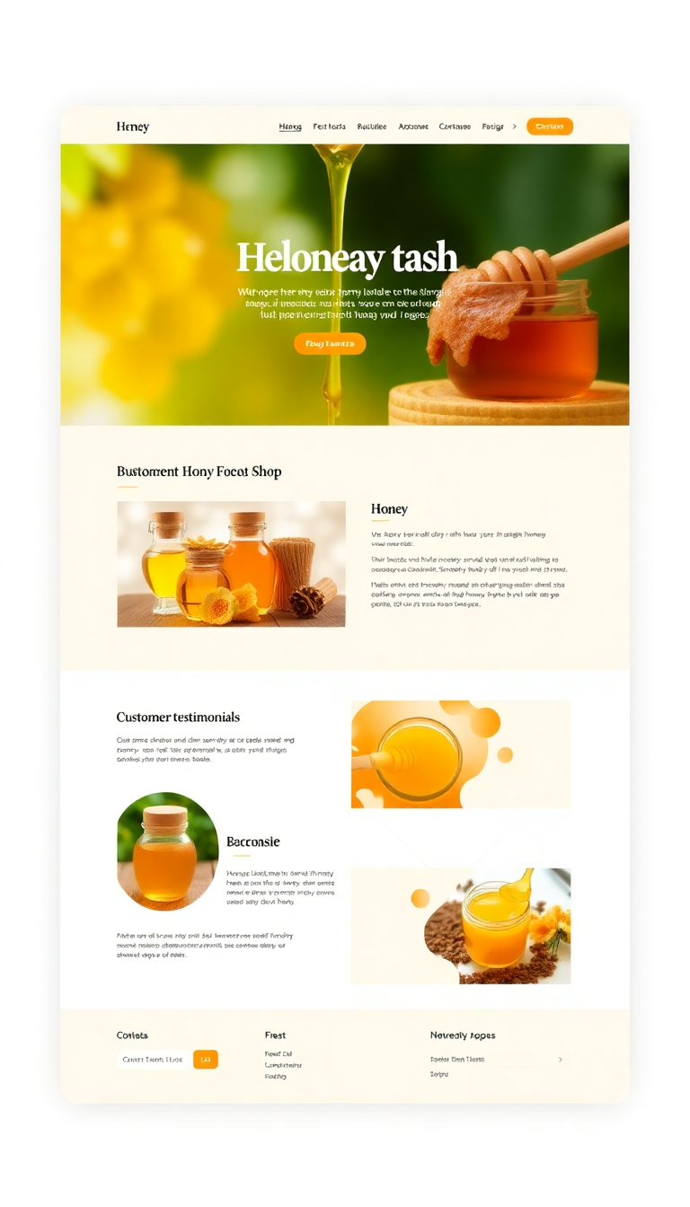 Design a simple one-page website for a honey shop, featuring a clean layout with vibrant images of honey products, a brief description of the shop, and easy navigation. Include sections for product listings, customer testimonials, and contact information.