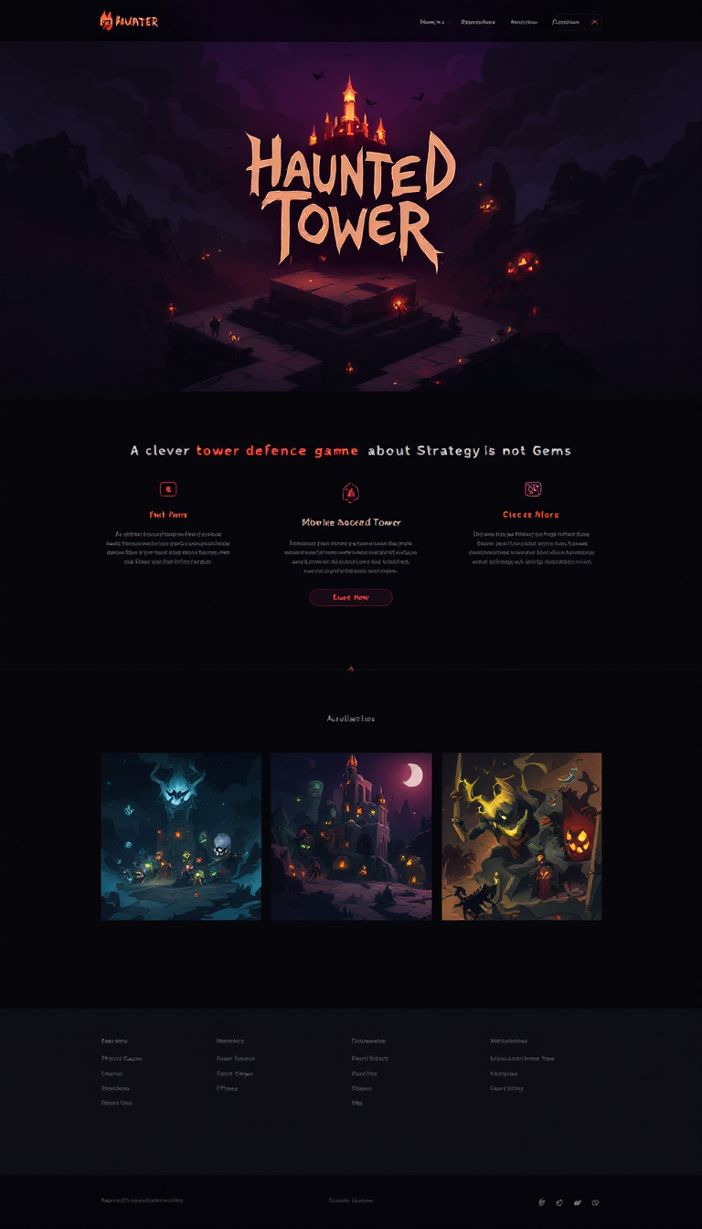 Design a one-page website for "Haunted Tower," a 2D top-down tower defense game. Highlight its availability on iPhone, Android, Steam, and web, featuring the tagline: "A clever tower defense game about Strategy and not Gems."