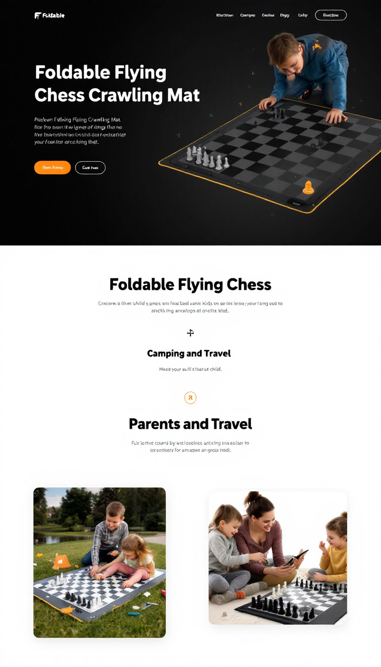 Create a sleek, dark mode landing page for a Foldable Flying Chess Crawling Mat designed for kids. The page should emphasize modern design elements and showcase the game’s features for camping and travel, highlighting its parent-child interaction benefits.