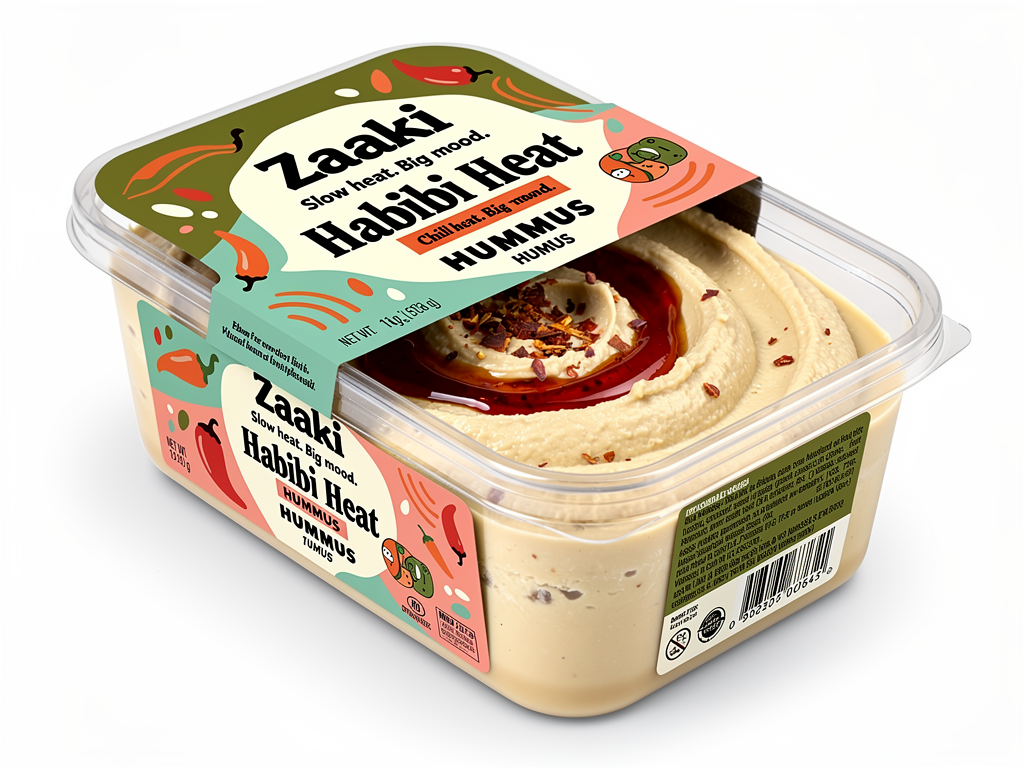 Create a high-quality, retail-ready product mockup of Zaaki hummus packaging using a rectangle, transparent plastic container with a rectangle lid, suitable for U.S. grocery stores.
The design should feel bold, playful, joyful, and rooted in Palestinian food culture, with expressive illustration and confident typography. Maintain the lively, graphic style as the previously generated image — simple shapes, punchy color blocks, and friendly hand-drawn energy.
The word “HUMMUS” must appear clearly on the front-facing label, either beneath the flavor name or as a secondary descriptor (e.g., “Chili Oil Hummus”). It should be easy to read at shelf distance.
Include realistic FDA-required labeling elements, subtly integrated so they don’t overpower the design:
Net weight (e.g., “Net Wt 10 oz / 283 g”)
Ingredients statement (small but legible)
Allergen statement (e.g., “Contains: Sesame”)
Nutrition Facts panel placed on a side or back label (not the hero panel)
Refrigerated product cues (optional but realistic)
These elements should feel authentic and properly placed, not decorative — as they would appear on real hummus packaging sold in U.S. grocery stores.
Use the Zaaki logo, bold and confident.
Color palette must strictly follow Zaaki brand colors:
Olive green #A7A838
Mint/teal #60C3AD
Rose pink #F37C90
Harissa orange #EC6542
Off-white #FFFDF9
Deep near-black #150F11
Flavor name “Habibi Heat” should remain playful and prominent, paired with the tagline:
“Slow heat. Big mood.”
The hummus inside the container should be visible — creamy beige hummus topped with a bold swirl of deep red chili oil and chili flakes.
Avoid ornamental Mediterranean patterns, tiled motifs, or photographic ingredient collages. Keep illustrations simple, graphic, and intentional, acting as energy and texture rather than decoration.
Lighting should be clean and natural. The final image should feel fully shelf-ready, joyful, compliant, and unmistakably Zaaki — a product that looks exciting and legitimate in a U.S. grocery store.