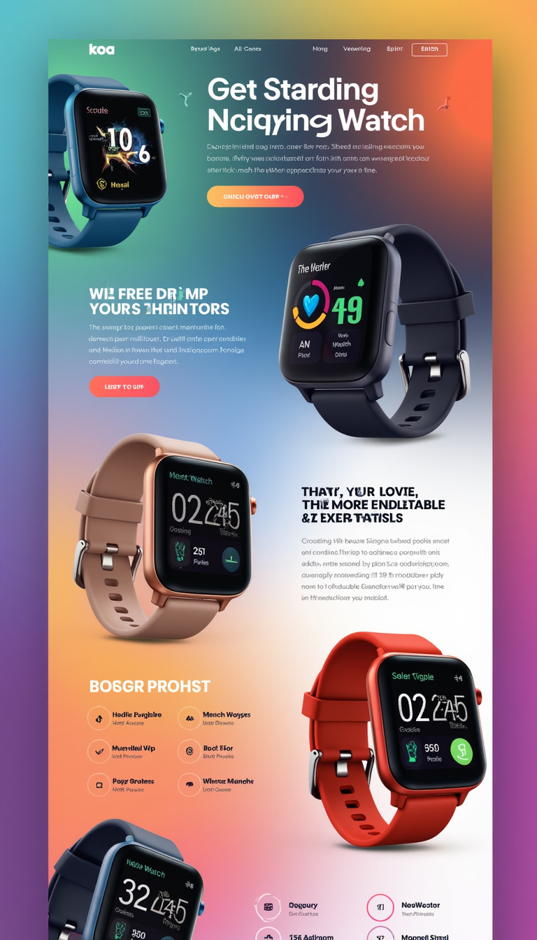 Create a clean, modern one-page landing website for selling smartwatches featuring vibrant colors. Include an eye-catching header, product images, and concise descriptions highlighting key features.