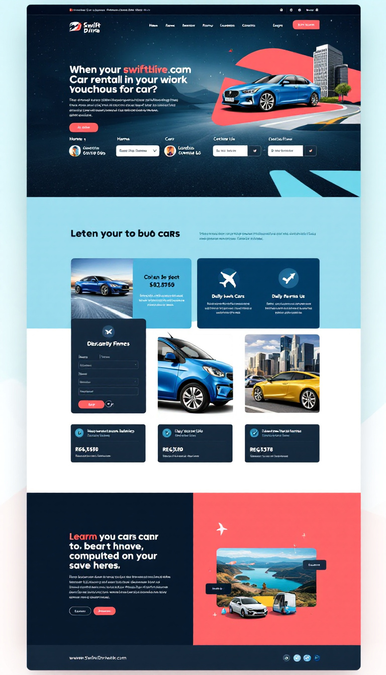 Design a one-page website for SwiftDriveHire.com, a car rental business. Include a navigation bar with the logo, menu options (Home, Cars, Location, Contact Us), and a brief business description. Showcase available cars with images, names, daily rental prices, and detailed features upon clicking. Incorporate login/register options, a contact form, and an online booking system, all in a professional yet relaxing theme for easy exploration.