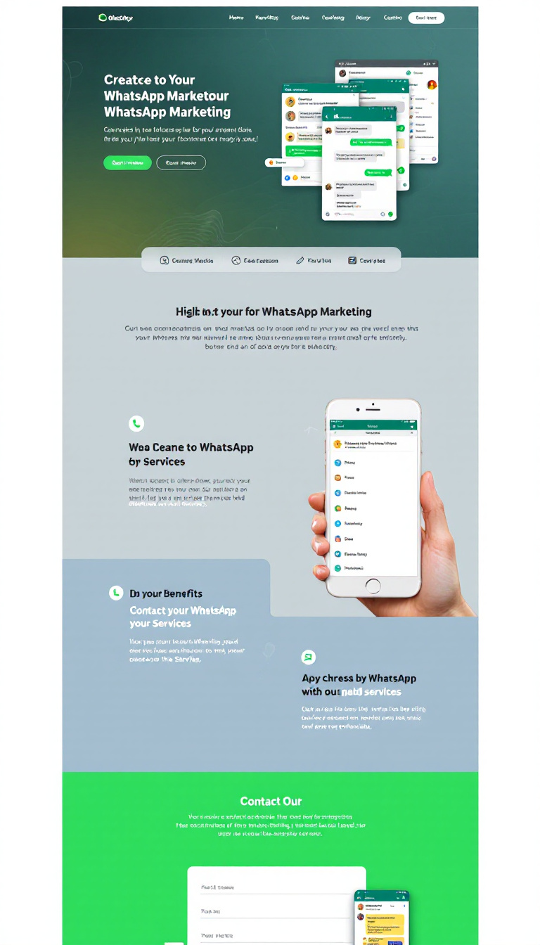 Create a simple one-page website focused on WhatsApp marketing, highlighting services, benefits, and contact information. The design should be clean and user-friendly, emphasizing communication and engagement.
