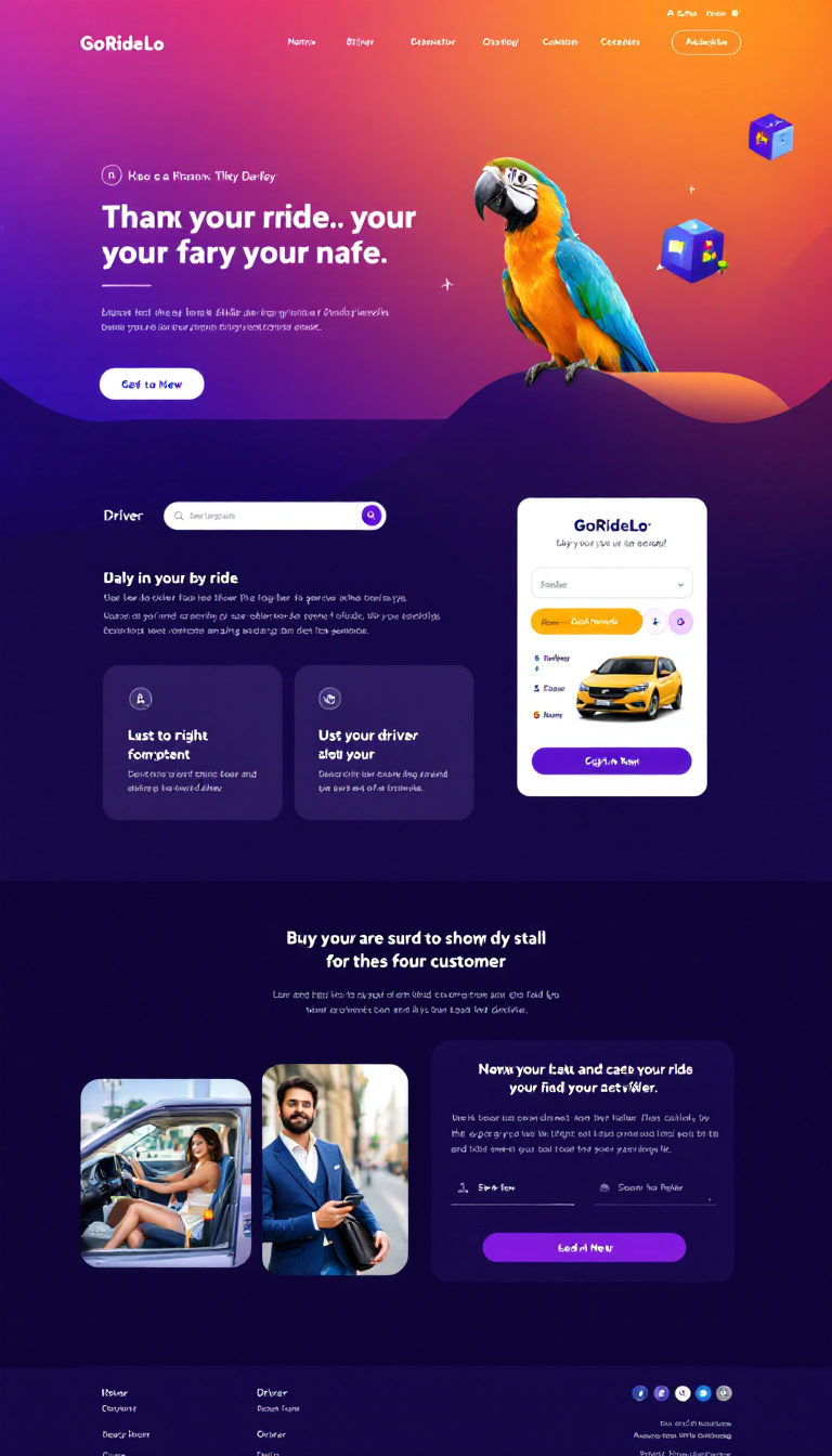 Design a one-page website for a ride-hailing service called GoRideLo. Use a purple and parrot color scheme, and include sections for ride booking, driver, and customer information.