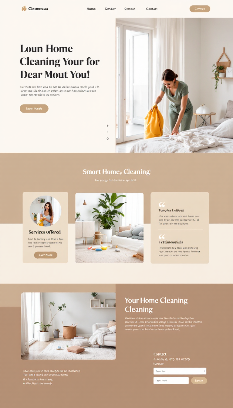 Design a sleek one-page website for a home cleaning service. The layout should be simple and clean, featuring sections for services offered, testimonials, and contact information.