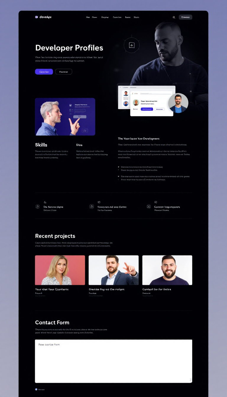 Design a minimalist one-page developer profile website featuring sections for skills, recent projects, and a contact form. The layout should be clean and professional to attract potential clients seeking development services.