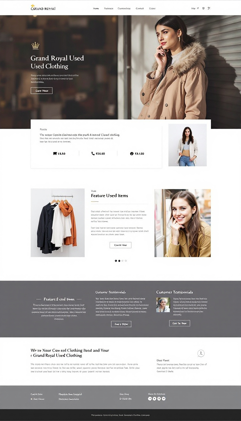 Create a simple one-page website for a used clothing business, similar to grandroyalusedclothing.com, featuring a clean layout, attractive product images, and easy navigation. Include sections for featured items, customer testimonials, and contact information.