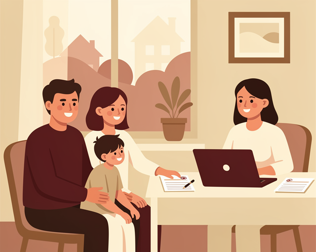 Warm flat vector illustration: Illustration of a family getting pre-approved for a home loan. Simple friendly shapes, cohesive warm palette of maroon and cream tones, no text or labels.