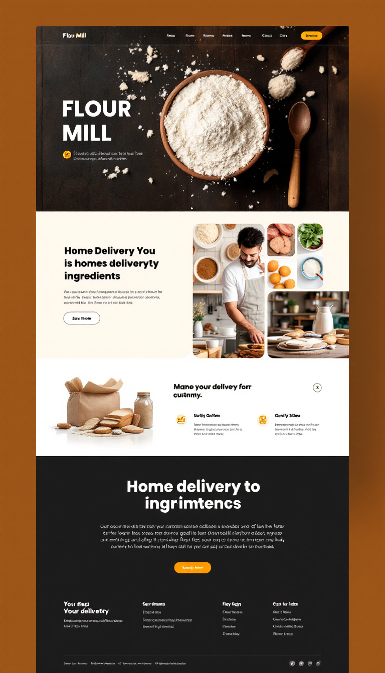 Design a simple and user-friendly one-page microsite for a flour mill, highlighting home delivery services and the use of high-quality ingredients for customers.