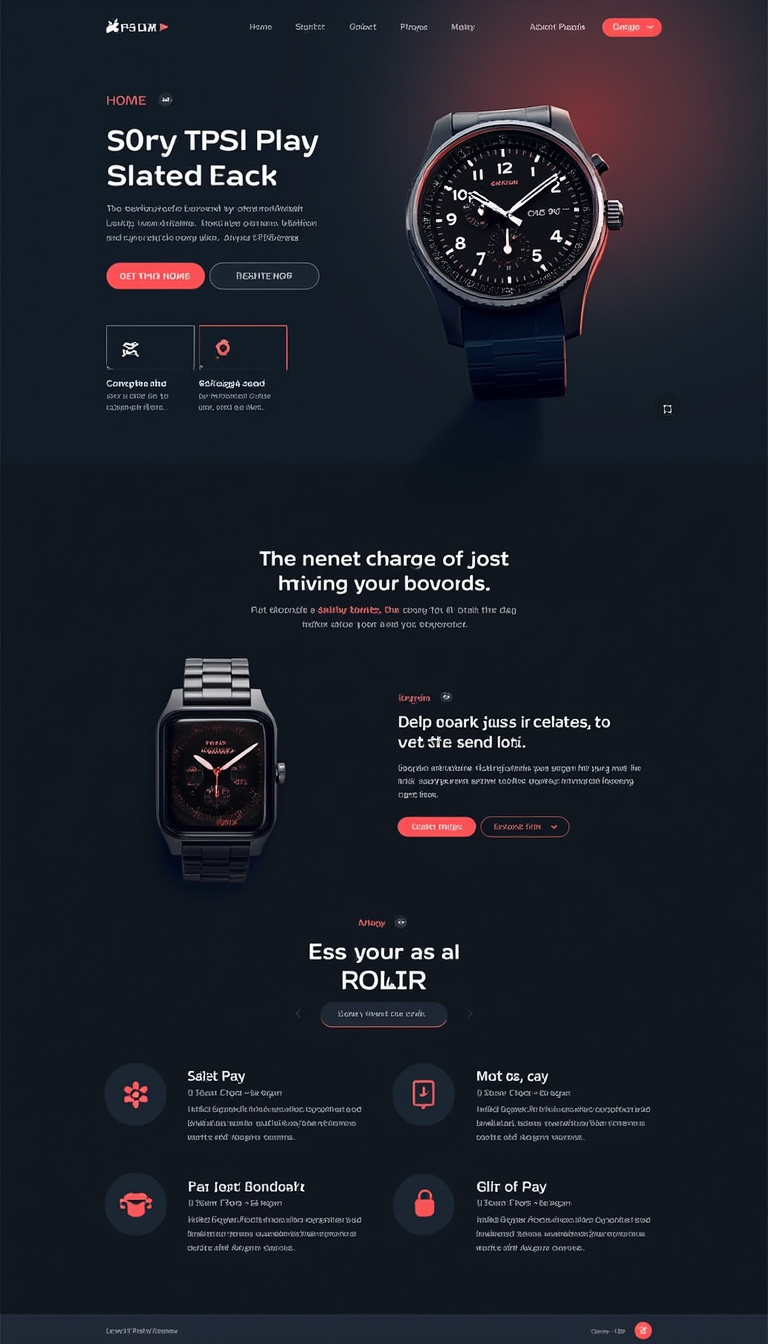 Create a sleek one-page landing site for selling a smartwatch in dark mode. It should feature modern colors, subtle image animations, and a prominent "Click here to order" button centered on the page.