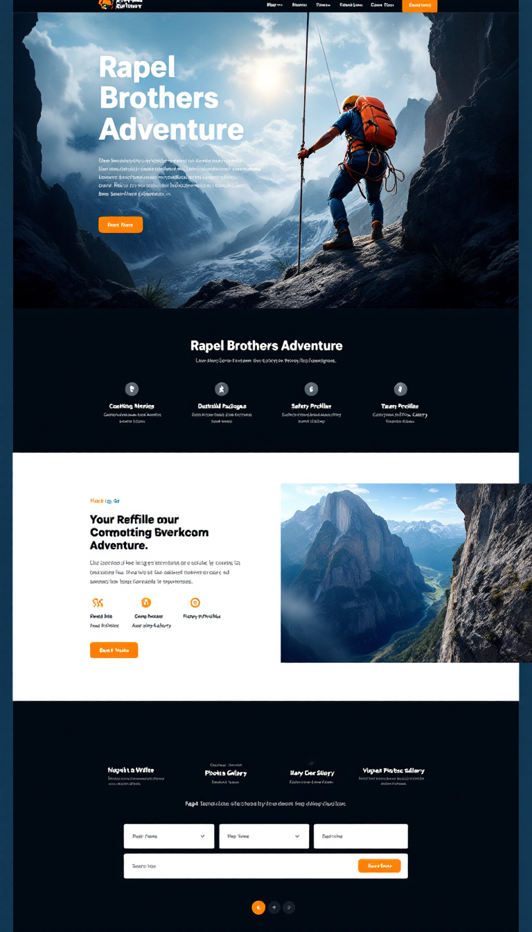 Create a one-page website for Rapel Brothers Adventure, an adventure company specializing in thrilling rappelling experiences. The site should feature a captivating hero section, detailed adventure packages, safety information, team profiles, a vibrant photo gallery, and a user-friendly booking system, all designed in a bold and energetic style.