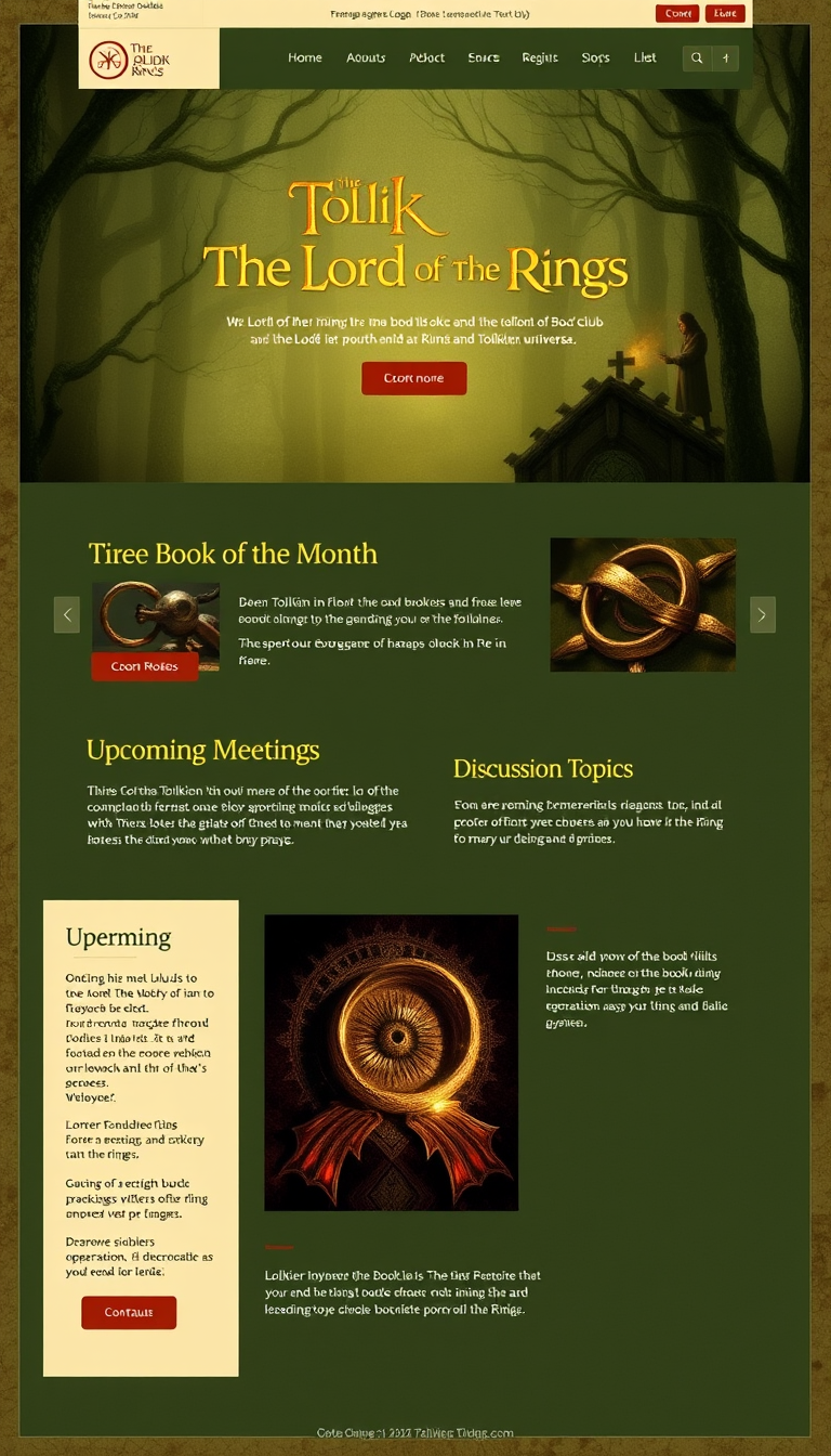 Design a single-page website for a book club dedicated to "The Lord of the Rings" and the Tolkien universe. Include sections for the club name and logo, an overview of the club's purpose, details about the book of the month, upcoming meetings, discussion topics, member contributions, and contact information. The design should be visually engaging and themed around Tolkien's works, ensuring easy navigation and mobile compatibility.