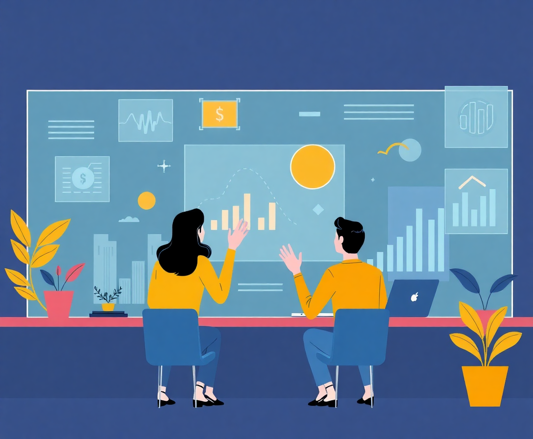ilustração de pessoas interagindo com gráficos e elementos financeiros em uma interface moderna