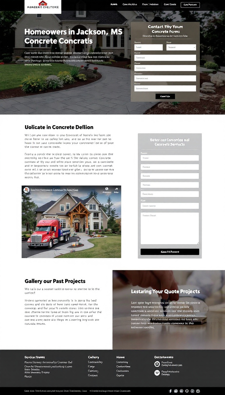 Create a one-page lead generation website for homeowners in Jackson, MS, seeking concrete services. The design should be friendly and approachable, featuring contact forms, service descriptions, customer testimonials, a gallery of past projects, and a quote request option.