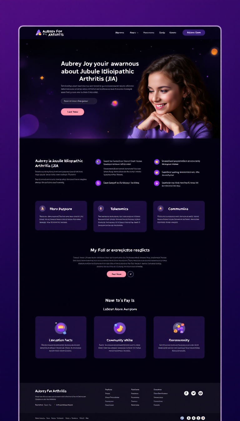 Design a one-page website for a memecoin called Aubrey For Arthritis, aimed at raising awareness about Juvenile Idiopathic Arthritis (JIA). The site should feature a vibrant hero banner sharing Aubrey Joy's story, sections on the coin's purpose, educational facts about juvenile arthritis, tokenomics, community involvement, and a roadmap, all while using a warm color palette of deep purple, mid-purple, lavender, white, and soft pink. Ensure a modern, mobile-responsive design with smooth animations and clear call-to-action buttons.