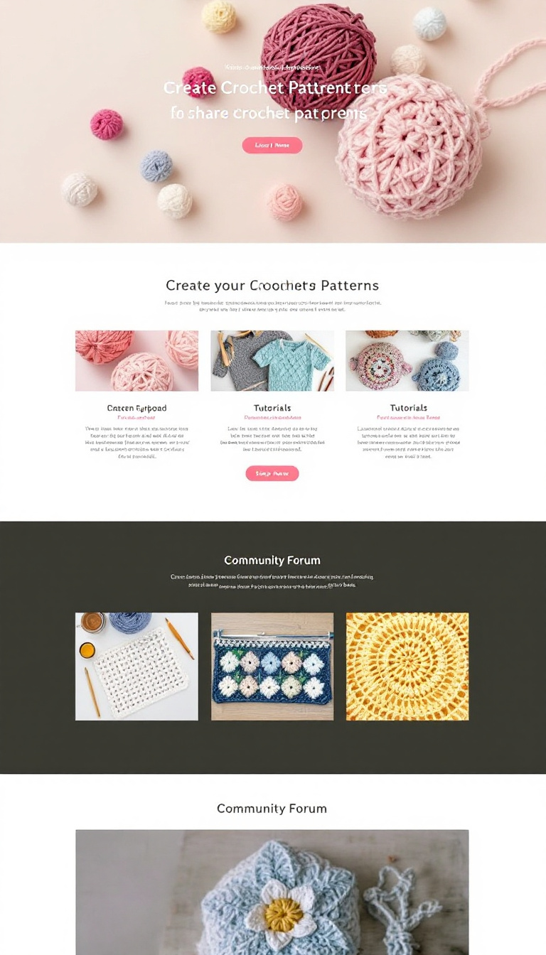 Design a simple and clean one-page website for creating and sharing crochet patterns. Include sections for pattern uploads, tutorials, and a community forum.