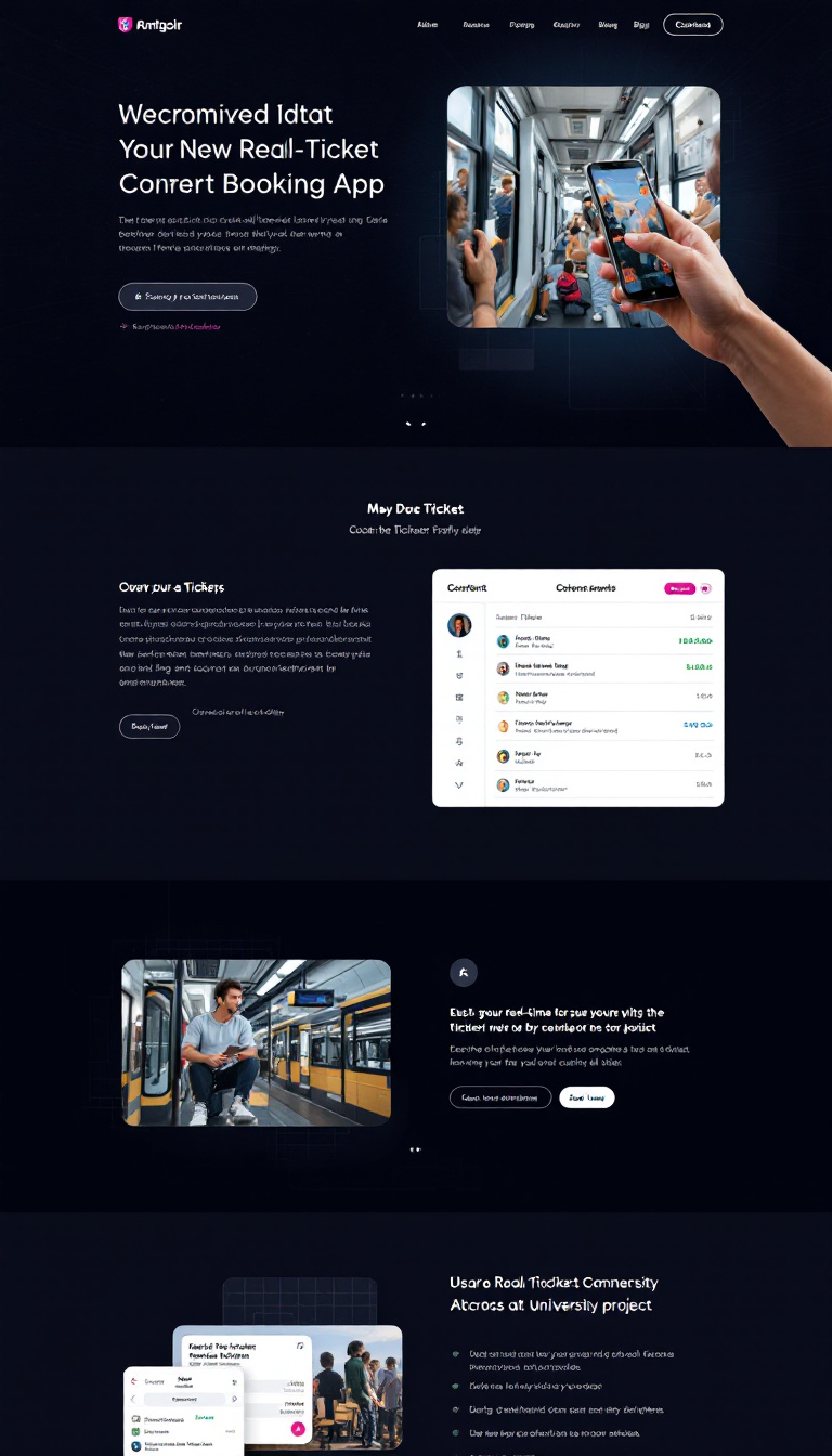 Design a modern, one-page website for a Real-Time Ticket Booking App tailored for a university project. Ensure it is visually appealing and functions seamlessly across all devices.