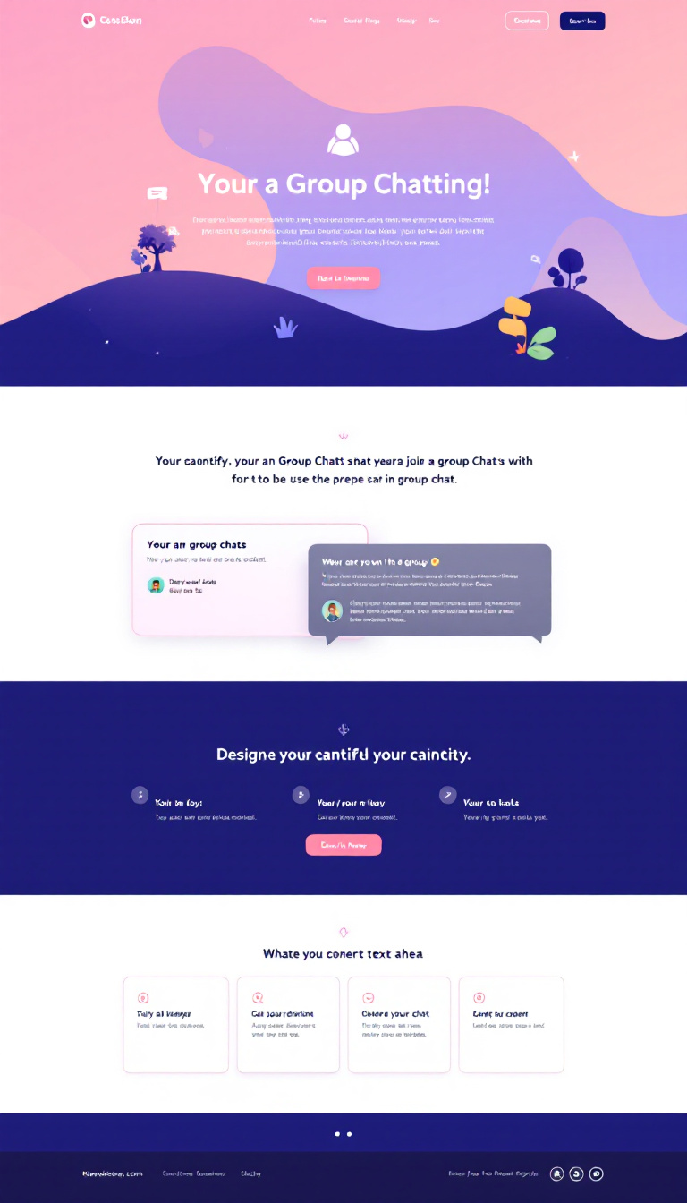 Design a clean one-page website for a group chatting platform that features a user-friendly interface for initiating and participating in group chats. Include elements like chat bubbles, user avatars, and a text input area.