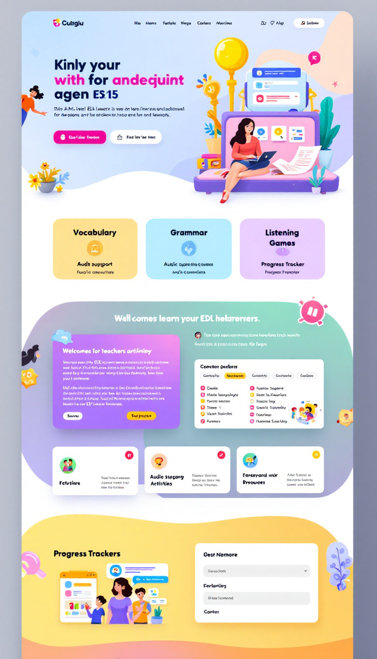 Design a colorful, interactive one-page website for A2-level ESL learners aged 13-15, featuring sections like "Vocabulary," "Grammar," "Speaking," "Listening," "Games," and "Progress Tracker." Incorporate engaging visuals, audio support, and gamified activities to foster learning, alongside resources for teachers and parents. The layout should be responsive and easy to navigate, promoting a welcoming and encouraging atmosphere.