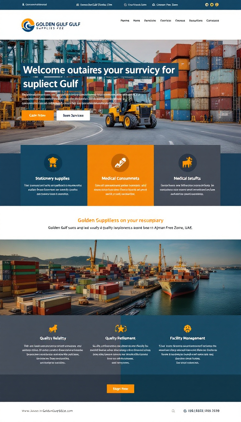Create a clean and simple one-page website for Golden Gulf Supplies FZE, highlighting their services in stationery supplies, medical consumables, foodstuffs, and facility management. Emphasize their commitment to quality, reliability, and customer satisfaction, showcasing their expertise and efficiency based in Ajman Free Zone, UAE.