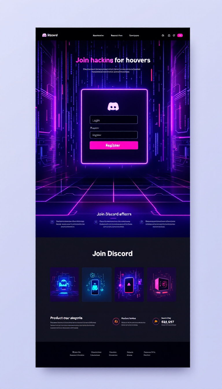 "Create a sleek, futuristic homepage for a hacking-themed store using a dark and violet color scheme with neon accents. The design should showcase a central login/register box with a cyberpunk aesthetic, a glowing 'Join Discord' button, and product categories featuring dynamic hovering effects. The background should evoke a matrix-like atmosphere with glowing lines and digital code fragments, emphasizing a professional and cutting-edge feel."