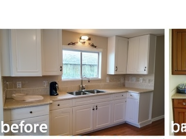 Kitchen renovation before and after showing new cabinets and countertops