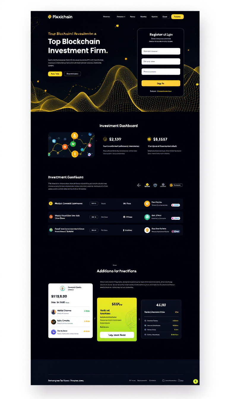 Create a one-page website for Plexichain, a top blockchain investment firm. The design should feature user registration and login, an investment dashboard, and payment options for cryptocurrencies. Include sections for various investment plans, additional services like medical cannabis and gold investments, and a clean, modern aesthetic.