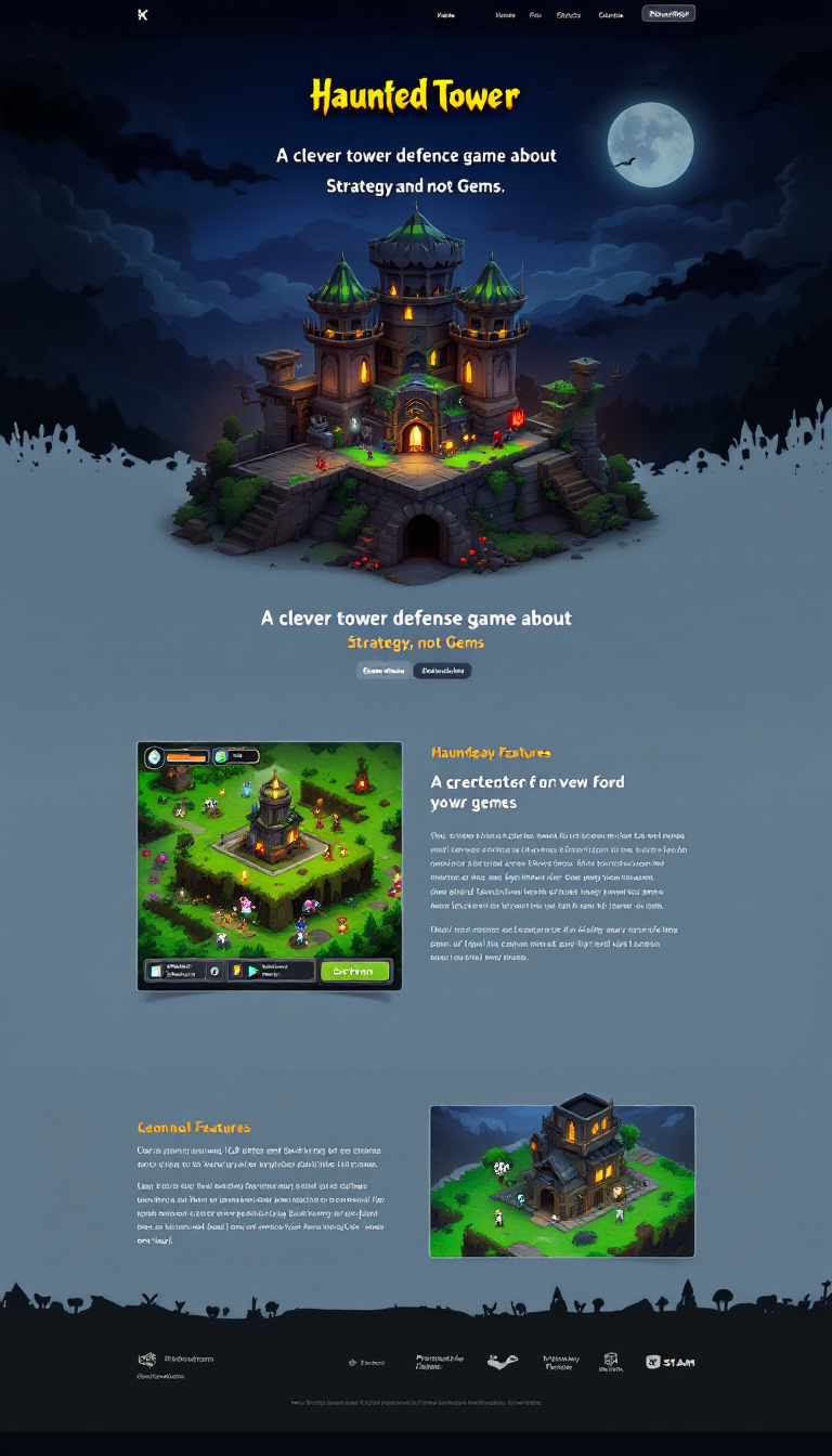 Design a one-page website for the game "Haunted Tower," a 2D top-down tower defense game. Include sections for gameplay features, availability on iPhone, Android, Steam, and web, along with the tagline: "A clever tower defense game about Strategy and not Gems."