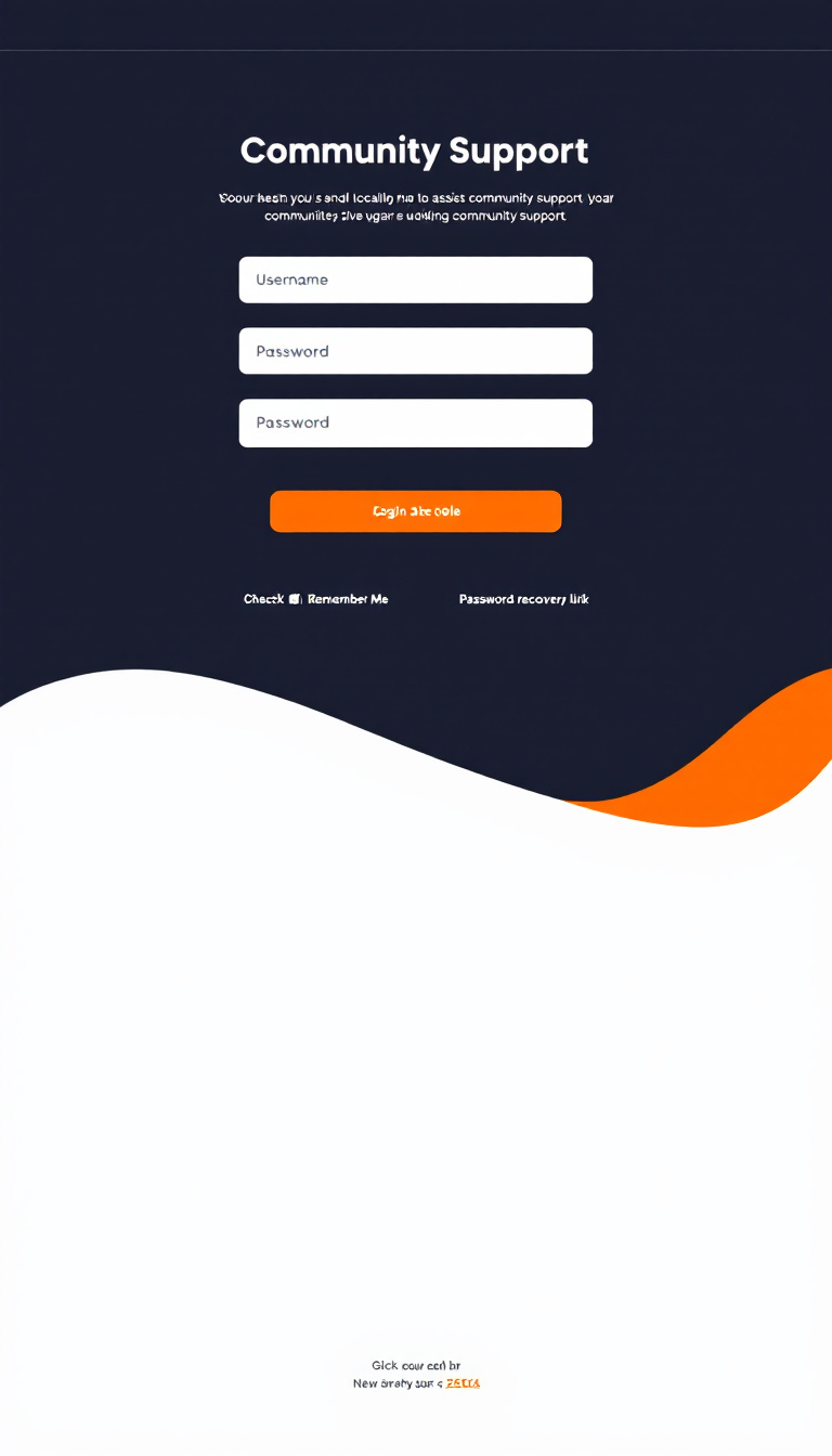 Design a modern and user-friendly login page for 'Community Support', a non-profit organization. The page should feature username and password fields, a 'Remember Me' checkbox, and a password recovery link, incorporating branding elements that reflect the organization's mission to assist local communities in need.