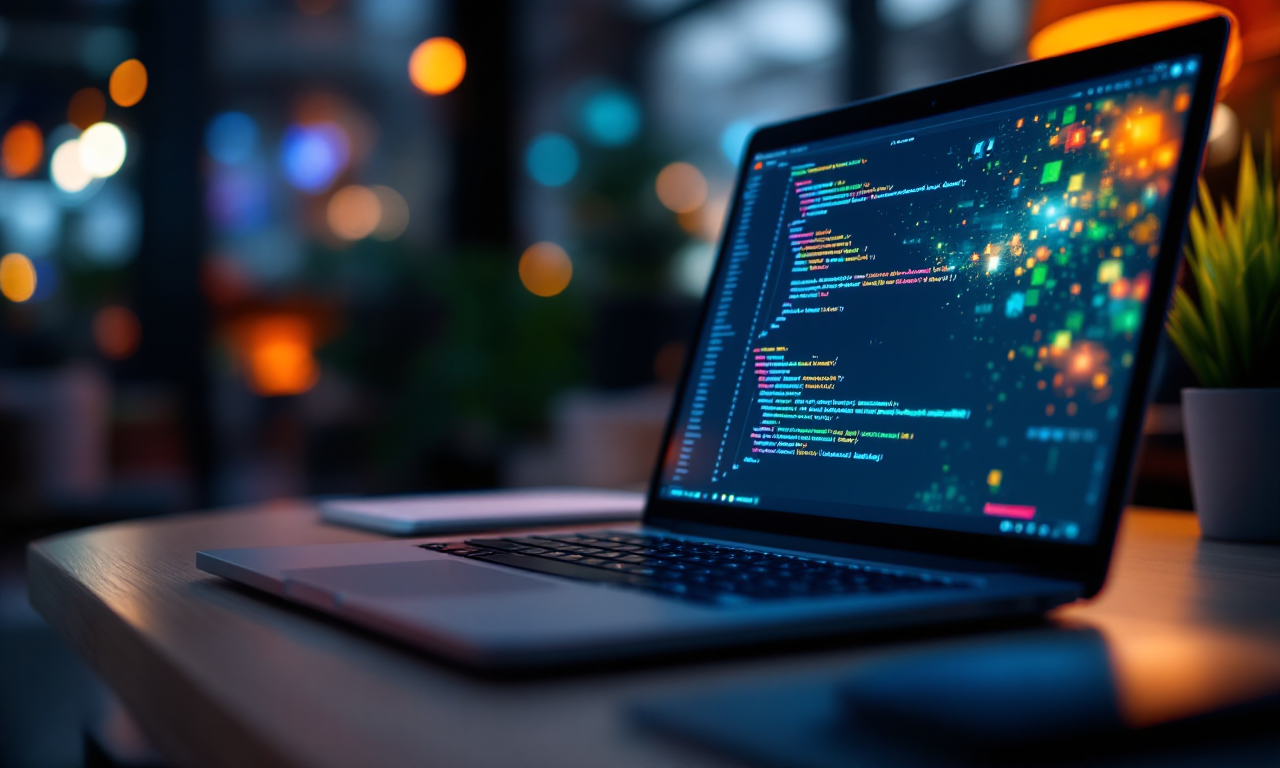 a laptop in an office with code on screen, abstract