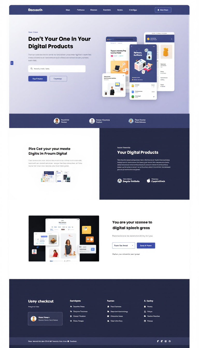 Design a clean and modern one-page website for selling digital products. Include sections for product showcases, a brief description, user testimonials, and a simple checkout process.