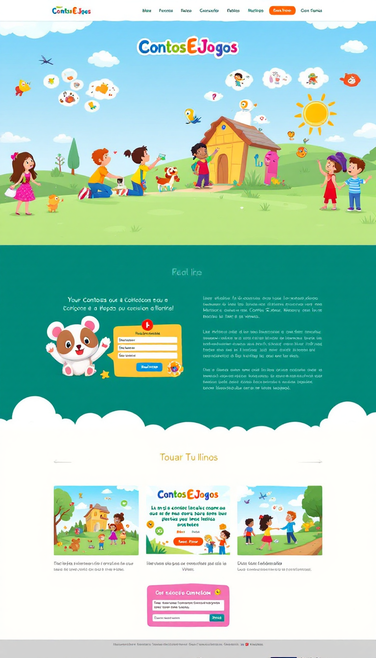 Crie um site interativo e educativo chamado 'ContosEJogos' para crianças, incluindo histórias com decisões, jogos educativos, atividades imprimíveis e vídeos. O design deve ser colorido e responsivo, com uma seção para pais, integração com redes sociais e elementos divertidos que engajem os pequenos.
