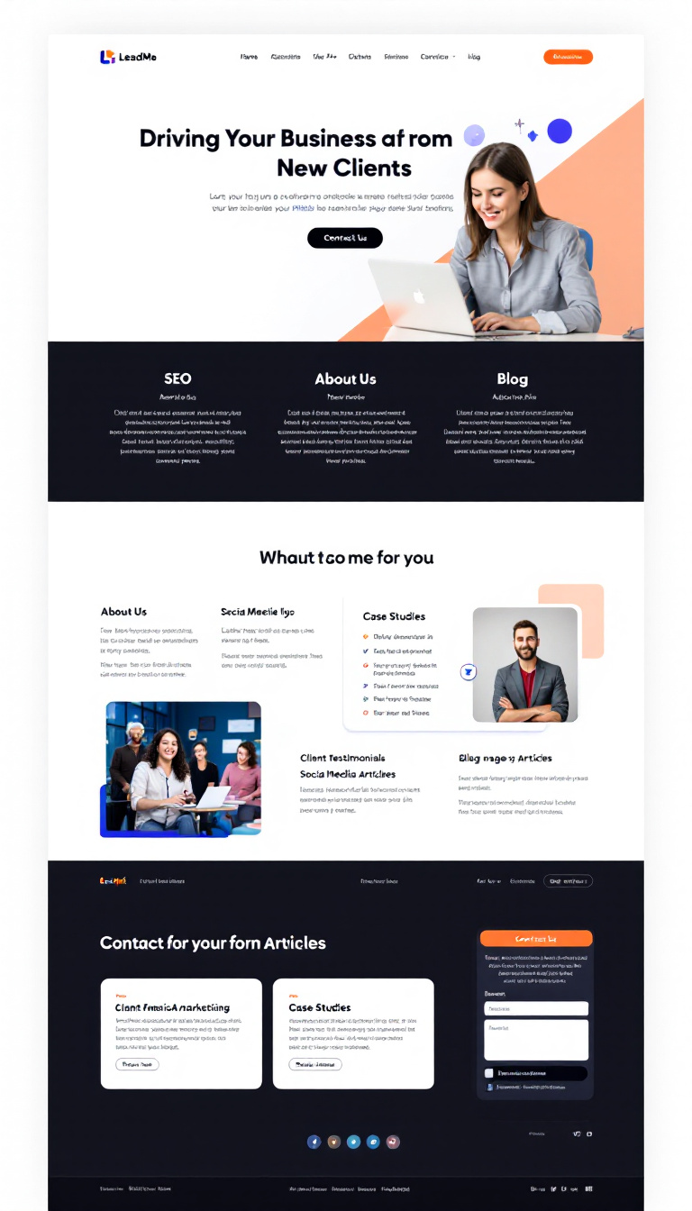 Create a one-page website for "LeadMe" with a header saying “Driving Your Business to New Clients” and a “Contact Us” button. Include sections for services like SEO, PPC, and social media marketing, an "About Us" with team photos, client testimonials in "Case Studies," a blog for articles, and a contact page with a form and map, all designed with a clean, modern aesthetic and mobile optimization.