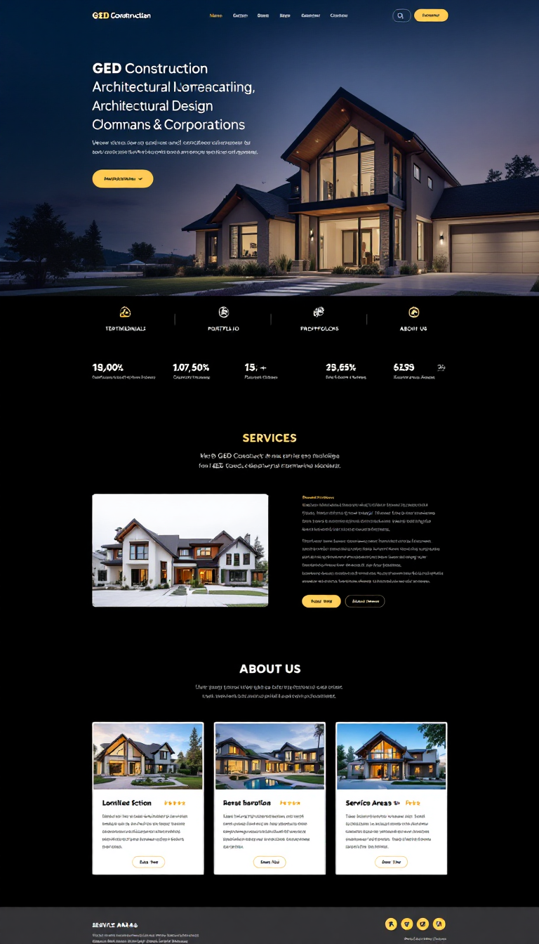 Create a sleek one-page website for GED Construction, an architectural design company catering to homeowners and corporations. Include essential sections like Navbar, Hero Section, Testimonials, Trust Badges, Portfolio, Process, Services, About Us, Service Areas, and a Footer, all with a modern, professional design that's easy to navigate.
