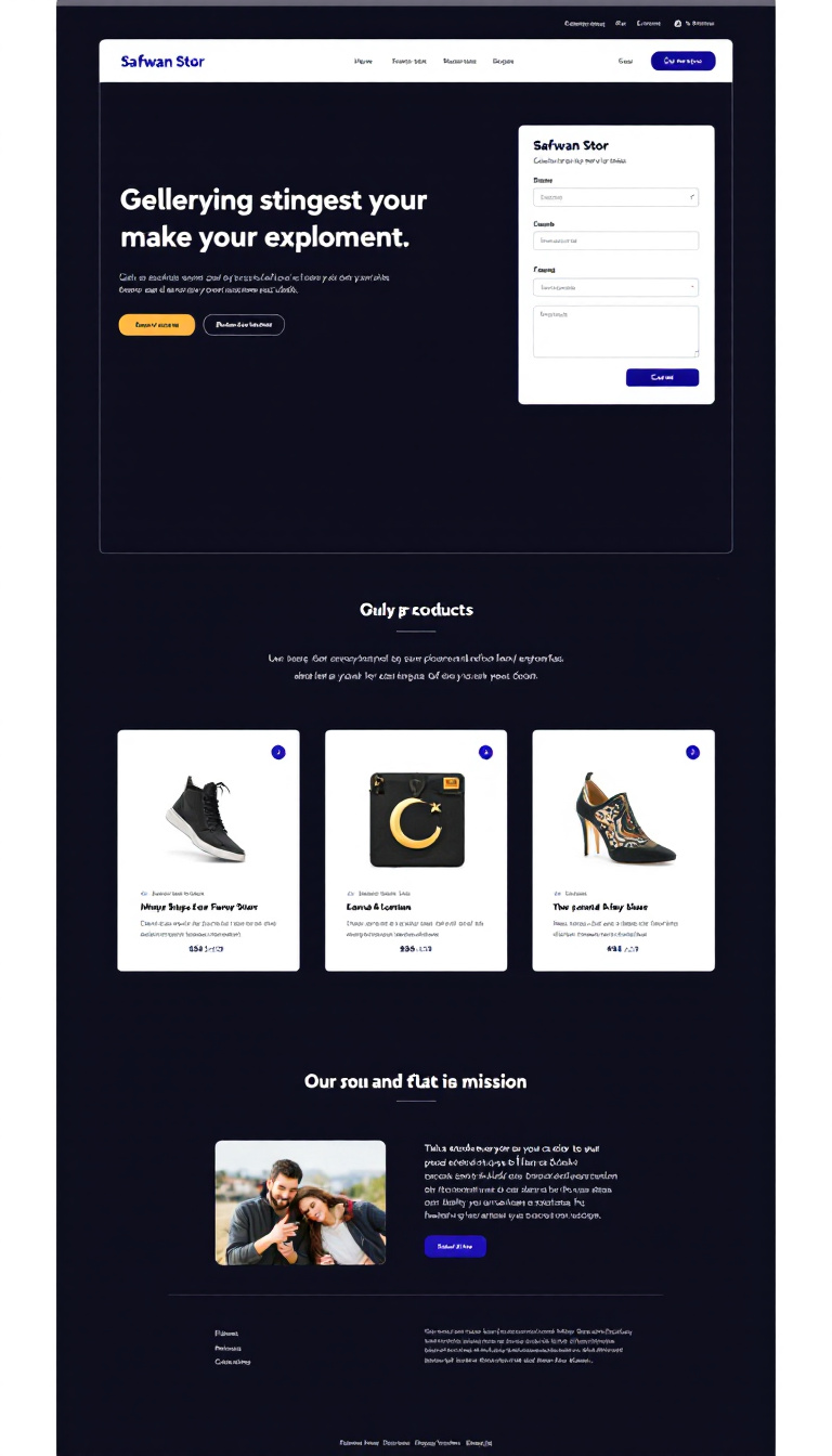 Design a simple and clean one-page e-commerce website for "Safwan Stor." Include sections for products, contact information, and a brief description of the store's mission.