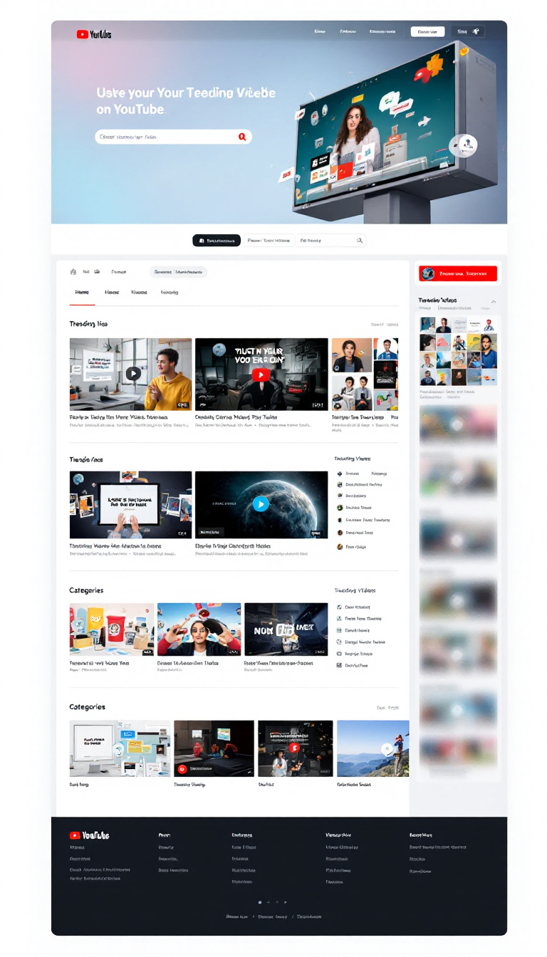 Design a simple one-page website inspired by YouTube, featuring a clean layout with a prominent video player, a search bar, and a thumbnail grid for video previews. Include sections for trending videos and categories, all in a user-friendly format.