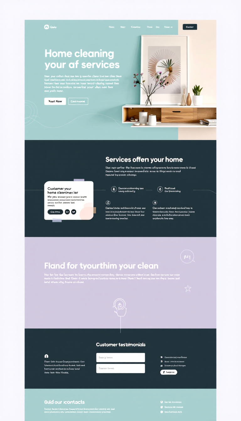 Design a simple and clean one-page website for a home cleaning service, featuring sections for services offered, customer testimonials, and contact information. Use a modern layout with calming colors and appealing visuals.