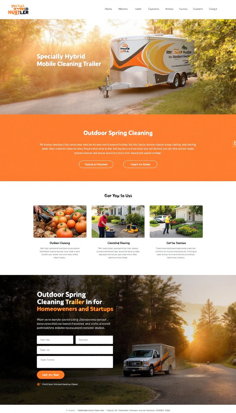 Design a one-page website for a Specialty Hybrid Hustler Mobile Cleaning Trailer. The focus should be on outdoor spring cleaning services for homeowners and startups, featuring an inviting layout and clear calls to action.