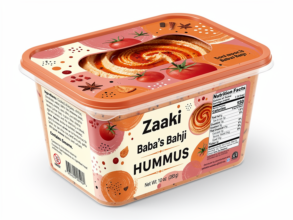 Create a high-quality, retail-ready product mockup of Zaaki “Baba’s Bahji” Tomato Hummus in a rectangle, transparent plastic container with a rectangle lid, suitable for U.S. grocery stores.
The design should feel bold, savory, and a little unexpected, inspired by Levant cooking and warm, tomato-forward flavors. Confident but playful.
The word “HUMMUS” must appear clearly on the front label, paired with the flavor name “Baba’s Bahji.”
Include realistic FDA-required labeling elements (net weight, ingredients, allergen statement, nutrition facts panel placed on side or back).
Color emphasis:
Harissa orange #EC6542
Rose pink #F37C90
Off-white #FFFDF9 for balance
Use the Zaaki logo bold and proud.
Illustrated elements should be graphic and expressive — abstract tomato shapes, spice marks, oil swirls — playful but intentional. Avoid mosaics, ornamental borders, or photorealistic food photography.
The hummus inside is visible, topped with a warm red tomato-spice oil swirl. Have part of the packaging cover the top.
Overall vibe:
Tomato-forward, Levant soul
Big flavor, no fuss
Feels like something Baba would proudly put on the table
Lighting is clean and modern. The final image should feel alive, flavorful, and unmistakably Zaaki.
make it mediterranean fun