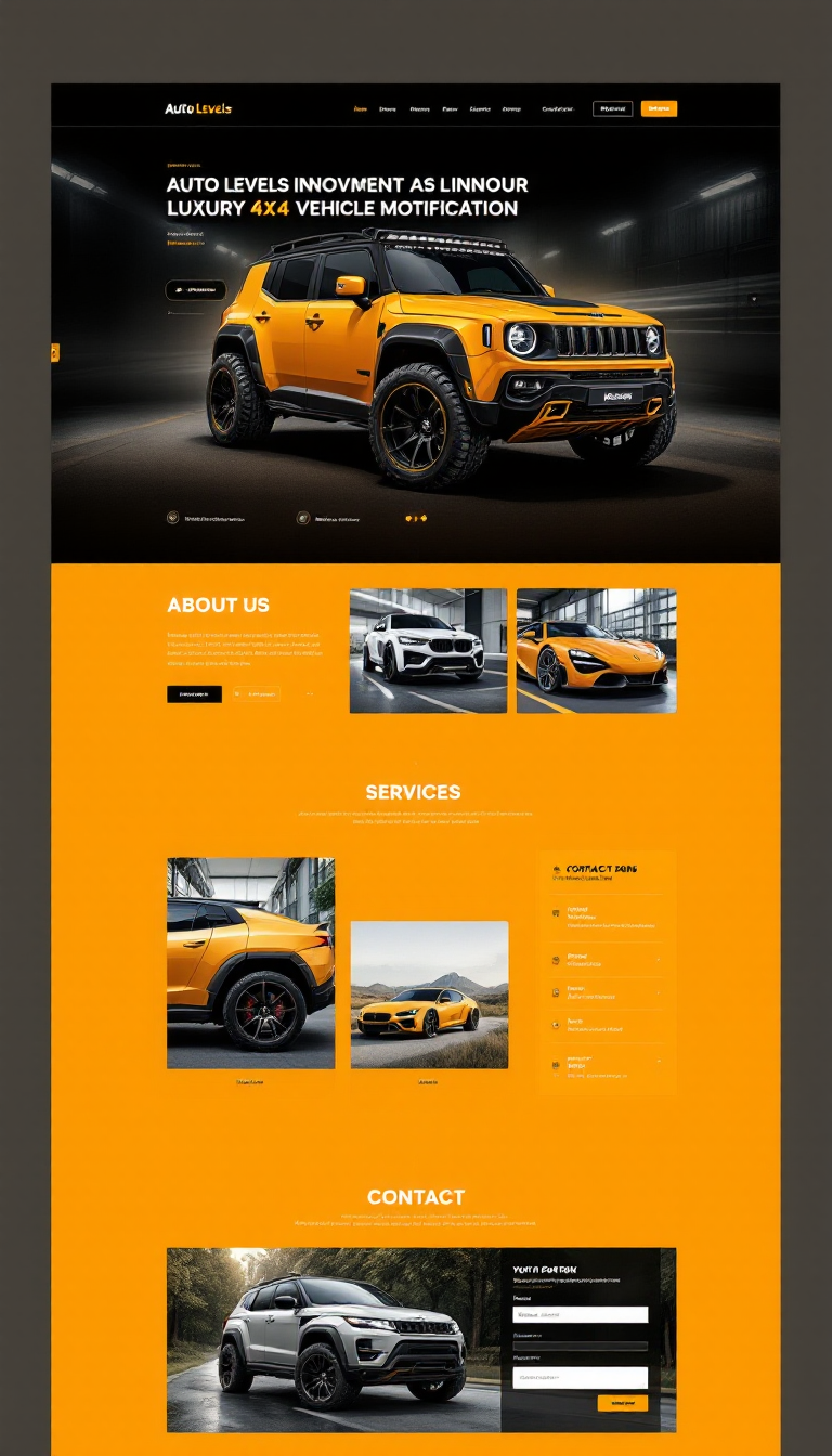 Design a sleek one-page static website for Auto Levels, a luxury 4x4 vehicle modification shop. The site should feature a bold orange-yellow color scheme, showcasing a striking landing page, sections for about us, services, gallery, pricing packages, and a contact form, all reflecting premium craftsmanship and innovation. The overall design needs to be clean, modern, and user-friendly for an engaging customer experience.