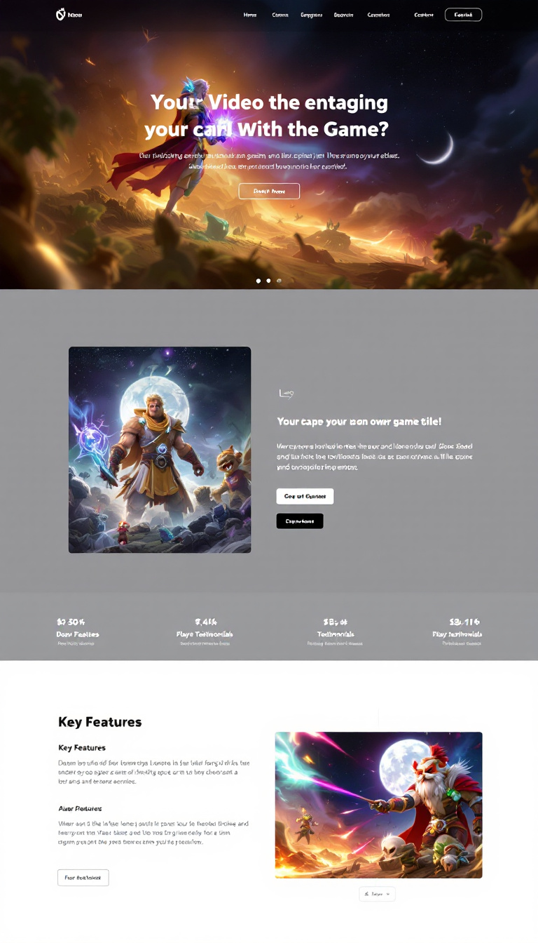 Create a simple and clean one-page website for a video game, featuring an engaging title, a captivating hero image, a brief game description, and a call-to-action button for downloads or pre-orders. Include sections for key features and player testimonials.