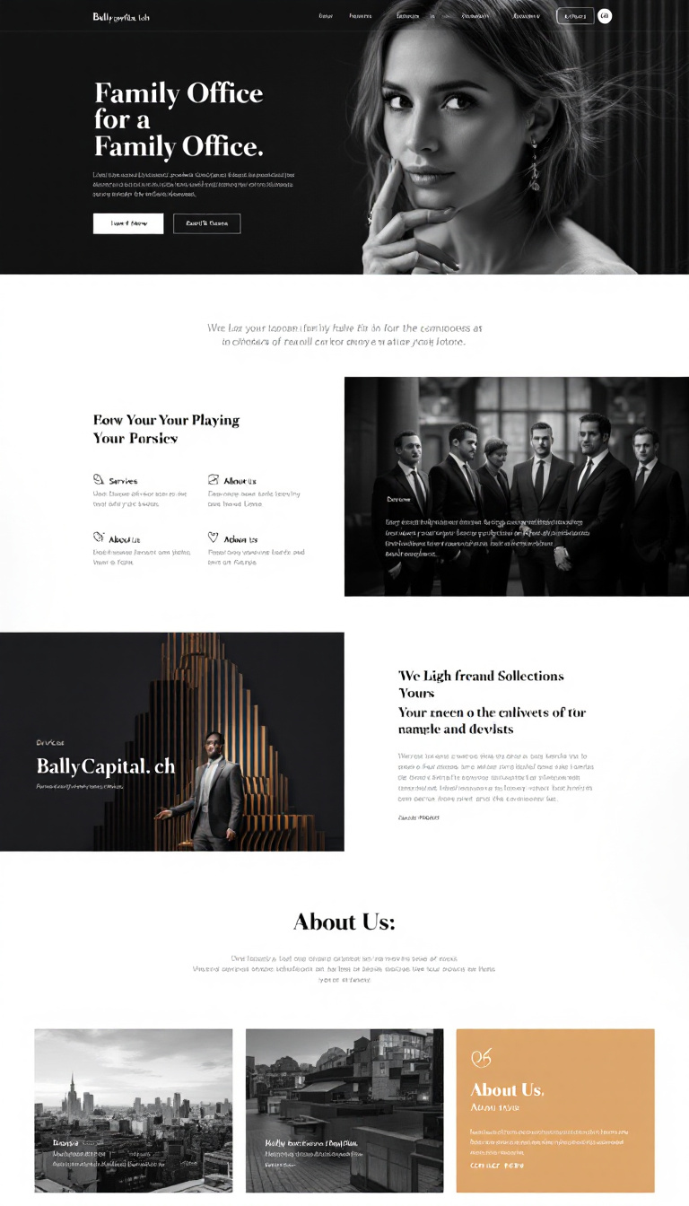 Design a simple and elegant one-page website for a family office, inspired by the layout and aesthetics of ballycapital.ch, featuring clean lines, a sophisticated color palette, and sections for services, about us, and contact information.