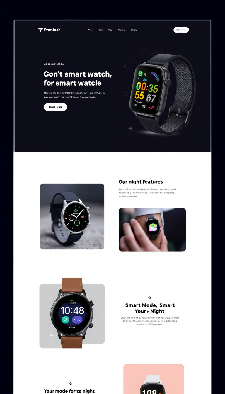 Create a sleek one-page landing website for a smartwatch, featuring a modern design with a "Shop Now" button prominently displayed. The page should highlight the smartwatch's smart mode and night features, with a clean layout and appealing visuals.