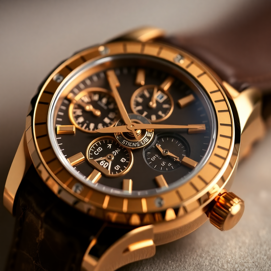 close-up of a luxury gold watch showcasing intricate details
