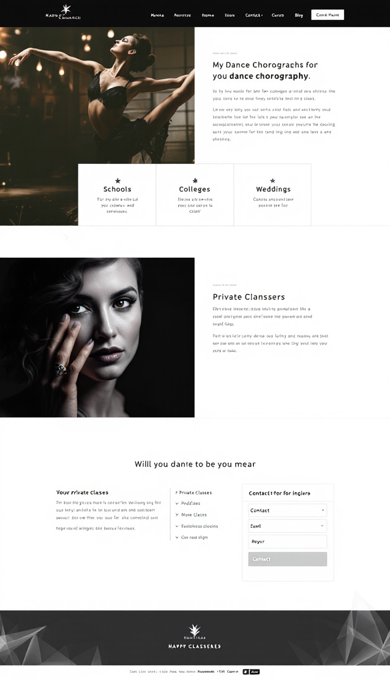 Design a one-page website showcasing my dance choreography services for schools, colleges, and weddings. Include information on private classes and a contact section for inquiries.