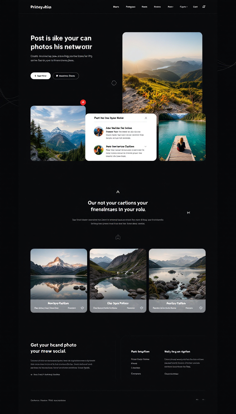Create a simple one-page website design for a photo-sharing social network, featuring a clean layout for posting images with captions and a user-friendly interface.