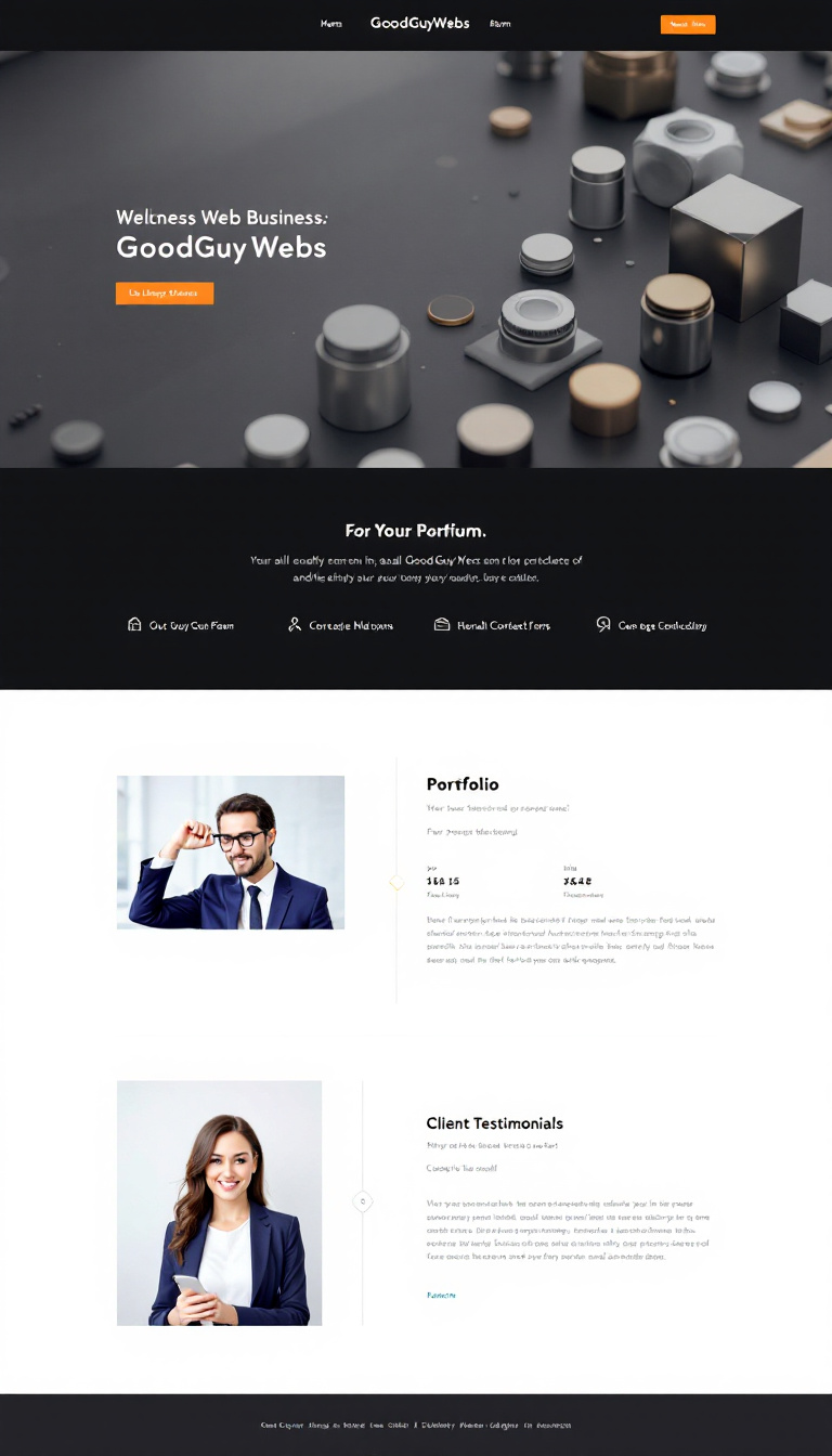 Design a professional one-page website for GoodGuyWebs, featuring sections for a portfolio and client testimonials. Include a simple contact form for small business inquiries, ensuring the overall look is elegant and suitable for quality web design services.